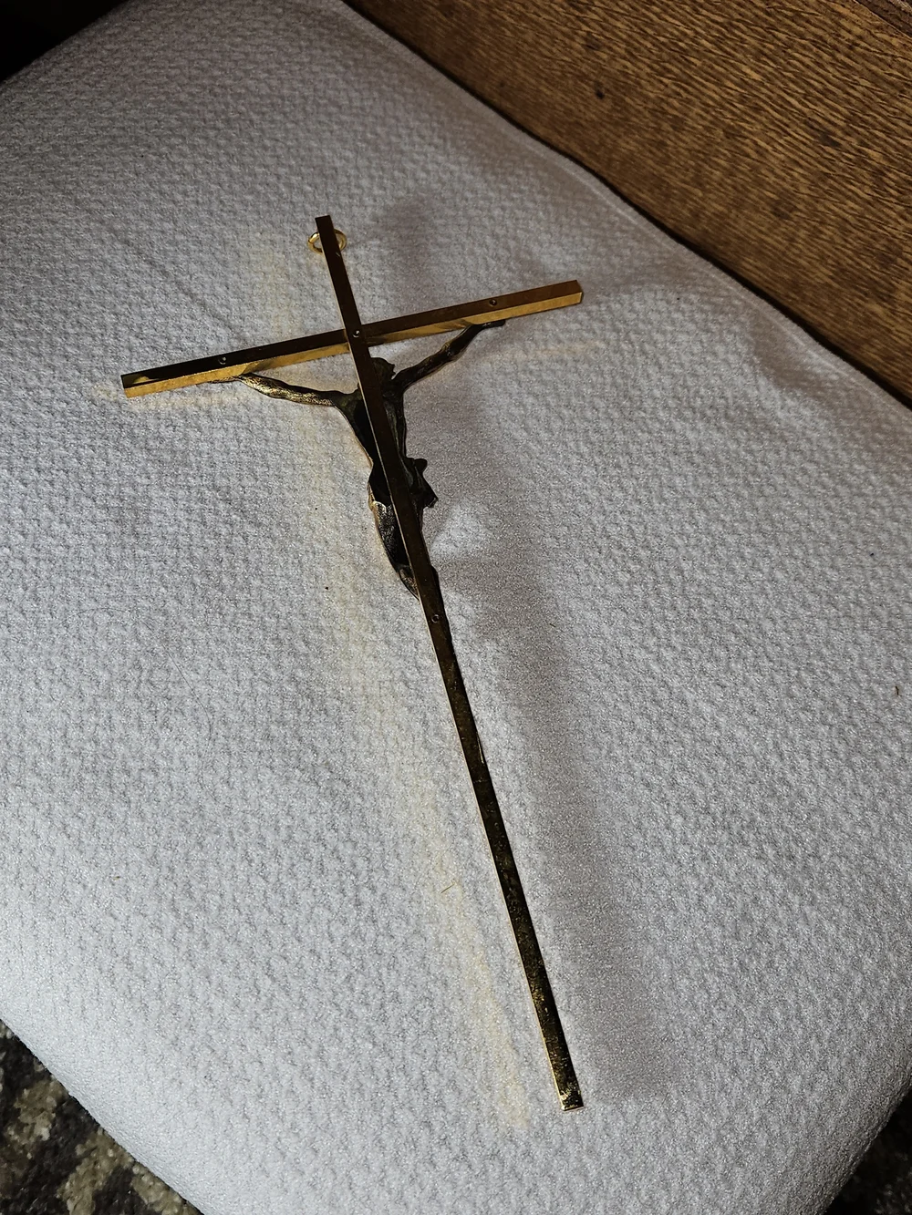 Vintage Brass Crucifix Wall Hanging with Raised Christ Figure 1970s